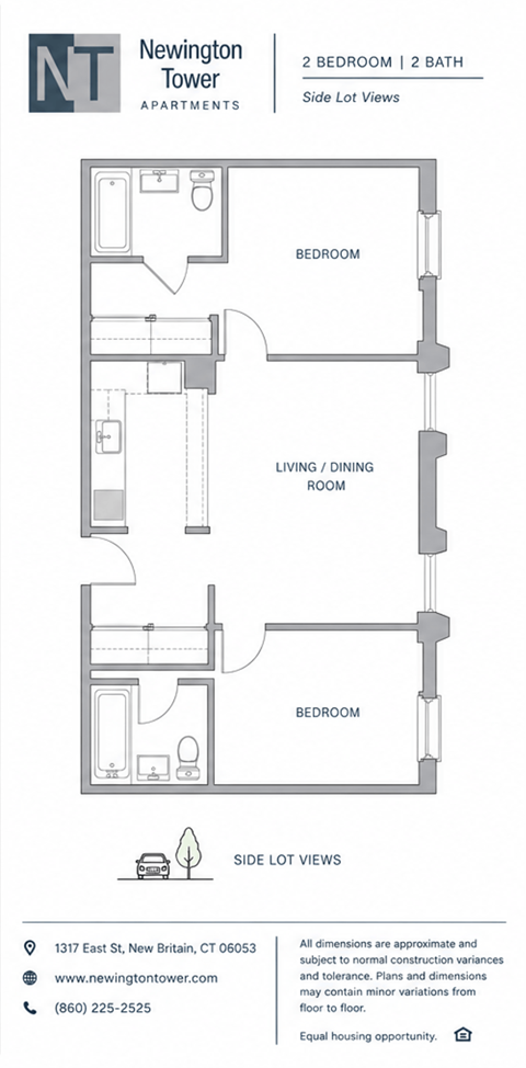 Floor plan for 2 beds, 2 baths, 940 sqft